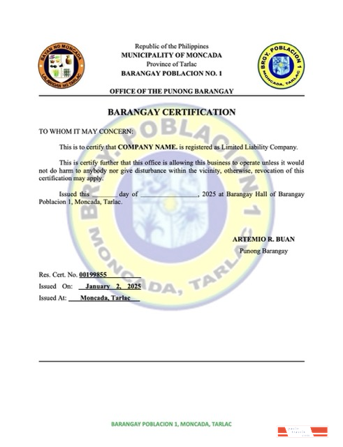 Philippines Barangay certification of registration Word and PDF template